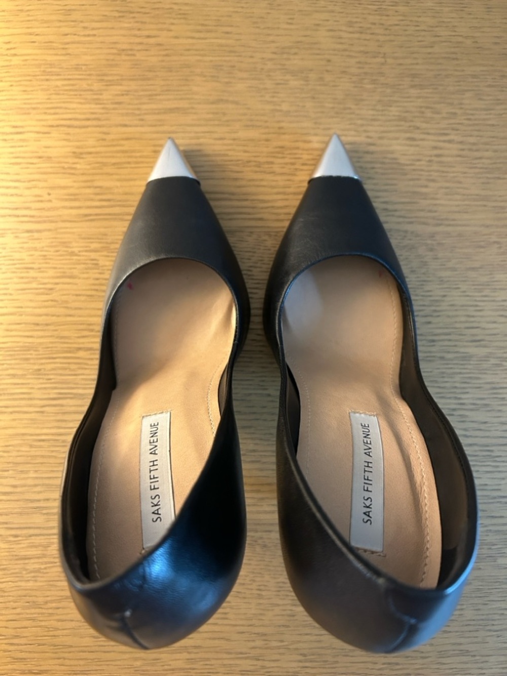Saks Fifth Avenue Black Leather Pointed Pumps with Silver Toe Cap - Picture 9 of 10